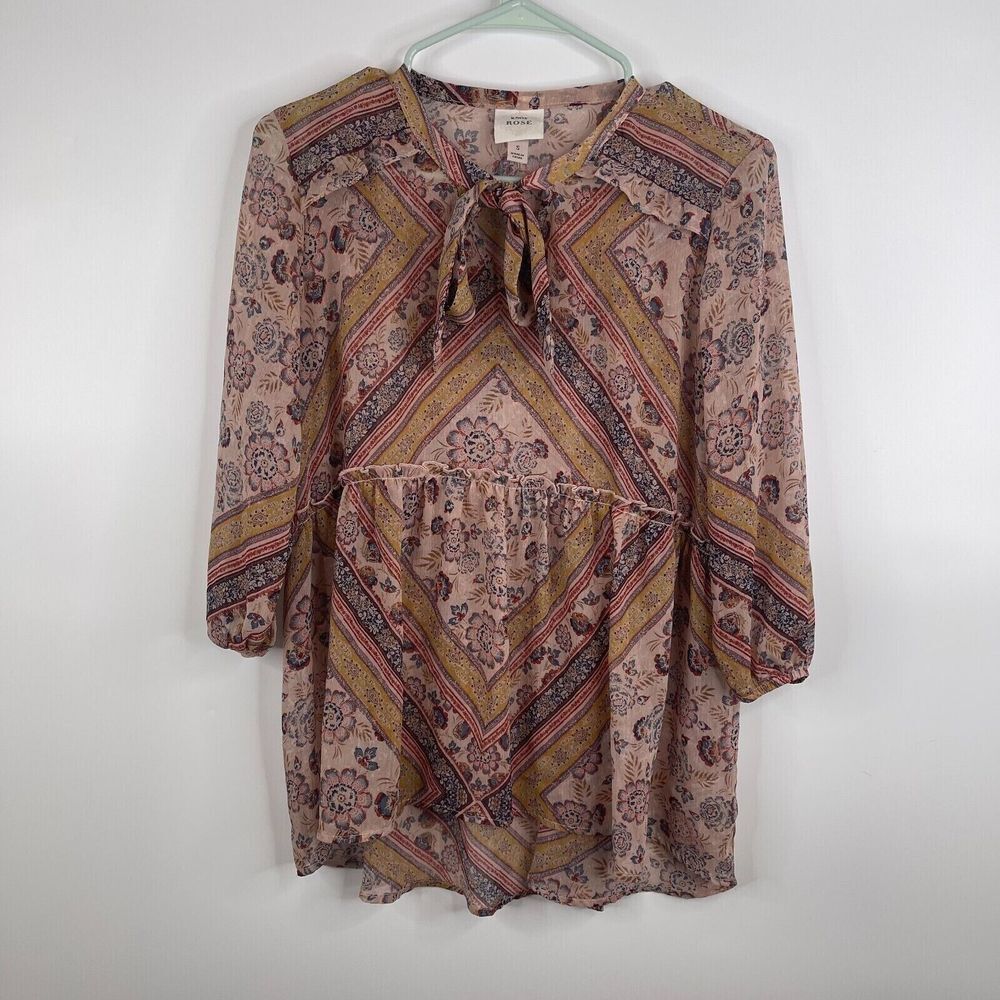 Knox Rose Womens Blouse Size S‎ Floral 3/4 Sleeve Semi Sheer Boho Peasant
